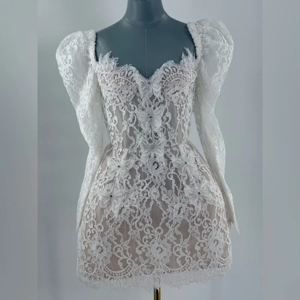 🆕 BRONX & BANCO 🧿 NWOT Colette Lace Long Sleeve Mini Dress, White Sz S / US 4